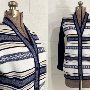 Vintage Blue Space Dyed Cardigan Button Front Sweater 70s 1970s Long Sleeve V Neck Striped Navy White Tan Boho Hippie Medium M Large L 
