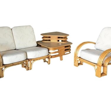Restored "Double Horseshoe" Rattan Sofa, Table & Chair Living Room Set 