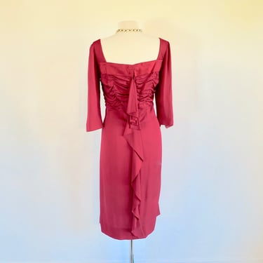Vintage 1940's early 50's Red Rayon Crepe Evening Dress Ruching at Back Sheath Style Cocktail Christmas Party Long Sleeves 30