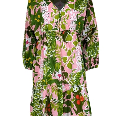 Trina Turk - Green, Pink, & White Botanical Print Balloon Dress Sz L