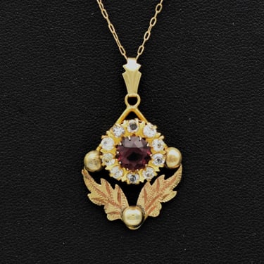 Victorian 12k GF paste floral pendant, gold filled metal crystal flower & leaves paper chain necklace 