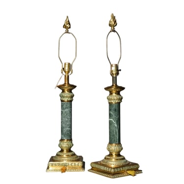 Lamps, Brass & Green Empire / Classical Style Marble Column Lamps, Pair, 20th C