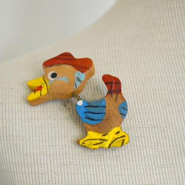 1940s Painted Wood Rooster Novelty Brooch 