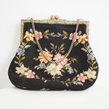 1930s/40s Black Wool Floral Needlepoint Purse 