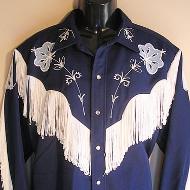 H Bar C, California Ranchwear, Taos Vintage Western Men's Shirt, Embroidered, Appliques & Fringe, 17.5, Approx. XLarge (see meas. photo) 