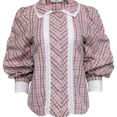 Weekend Max Mara - Beige & Pink Multicolor Plaid Lace Trim Shirt Sz 10