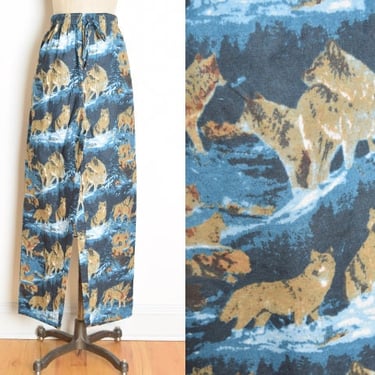 vintage 90s pants navy blue WOLVES wolf print high waisted flannel lounge M/L clothing 