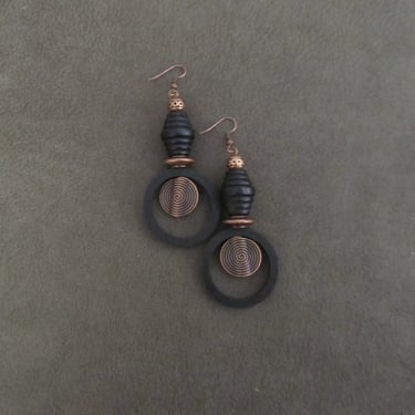 Wooden hoop earrings, statement earrings, mid century modern earrings, Bohemian boho earrings, unique artisan earrings, copper earrings 