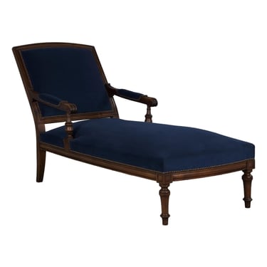 19th Century French Napoleon III Period Walnut Chaise Lounge W/ Dark Blue Velvet 