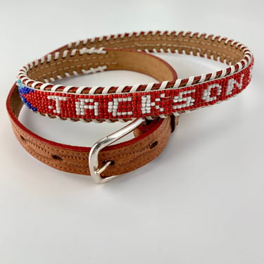 1960's Western Style Beaded Belt - JACKSON HOLE - Native American Inspired  - Tooled Leather - Vivid Glass Beads - Labeled a SIZE 30 Waist 