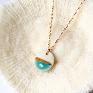 Mier Luo Porcelain Jewelry - Gold Striped Circle Necklace - Turquoise Glaze