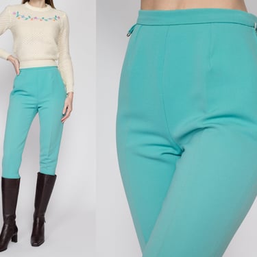 Petite XS 60s 70s Aqua Blue Stirrup Ski Pants | Vintage Made In Austria High Waisted Stretchy Tapered Leg Winter Pants 