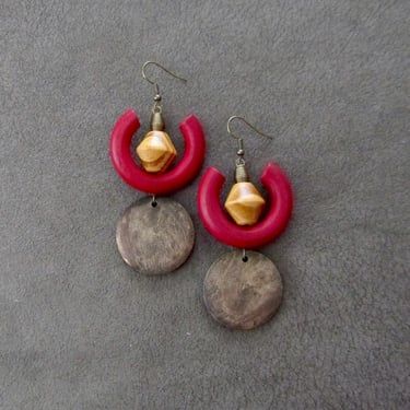 Red wooden earrings, Afrocentric African earrings, bold earrings, statement earrings, geometric earrings, rustic natural earrings, artisan 
