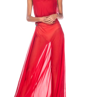 1930S Red Sheer Silk Chiffon Bias-Cut Gown With Deco Clasps On Hips 