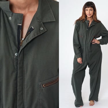 Insulated Coveralls 70s Olive Green Jumpsuit Army Pants Zip Up Boilersuit Pantsuit LINED Vintage Military 1970s Workwear Warm Men's Large 