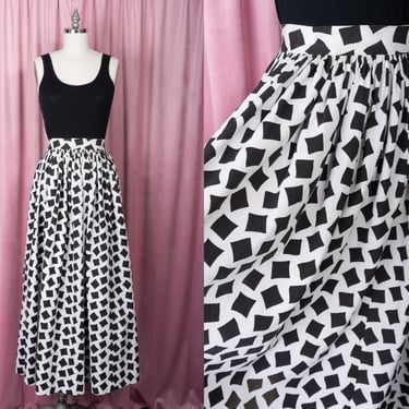 Vintage 1960s Textured Cotton Black Square Print on White Full Length Full Skirt 