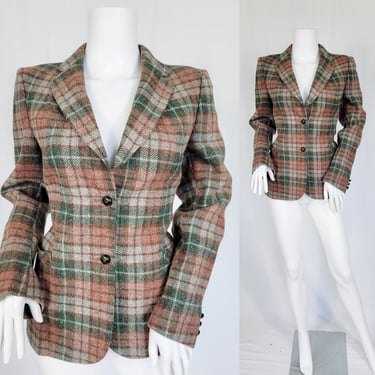 Joseph Magnin 1970's Green Tan Plaid Wool Blazer I Suit Coat I Jacket I Sz Med 