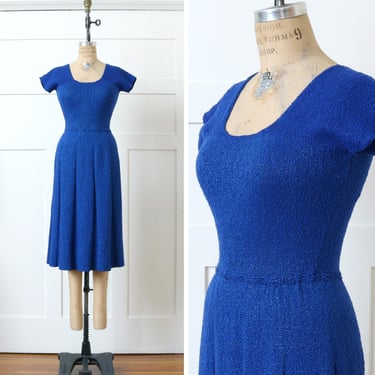 vintage 1950s knit dress • incredible bright electric blue with lurex hand knit boucle wool sweater dress 
