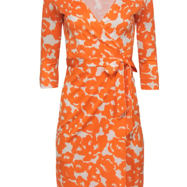Diane von Furstenberg - Orange & White Print Long Sleeve Wrap Dress Sz 2