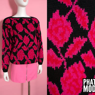 Bright Pink Red Black Vintage 80s Rose Patterned Sweater 