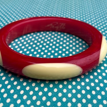 red polka dot bakelite bangle Pantti signed cream oval dot bracelet 