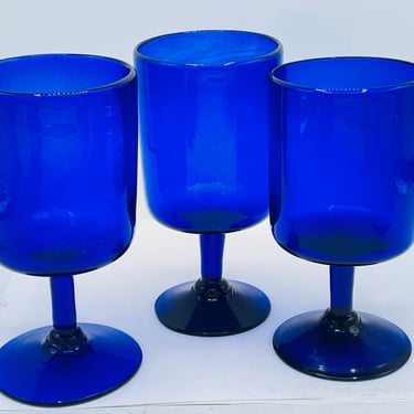 Vintage Set of large (3) Cobalt Blue Wine Margarita Goblets Water Glasses-Blown glass-Chip Free Recycled Glass Mexico 