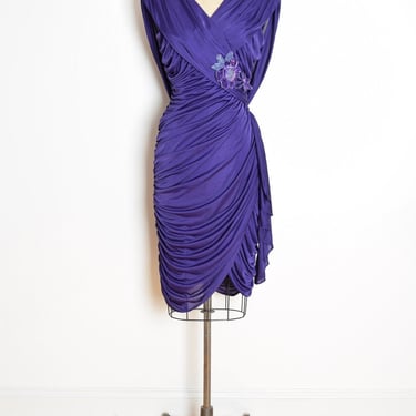 vintage 80s dress purple draped sequin grecian cocktail party prom clothing M 