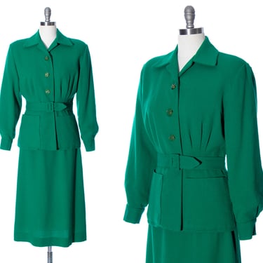 Vintage 1940s Skirt Suit | 40s Emerald Green Wool Crepe Belted Blazer Jacket High Waisted Skirt Set (medium) 