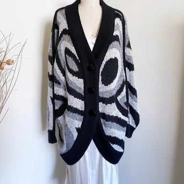 Vintage 80's Abstract Oversized Cardigan, Loose Fit, Grey and Black  