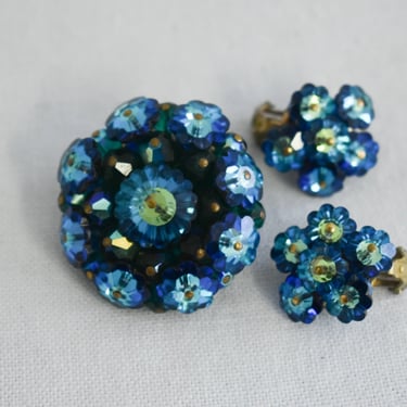 1950s/60s Blue Floral Shaped Crystal Brooch and Clip Earrings 