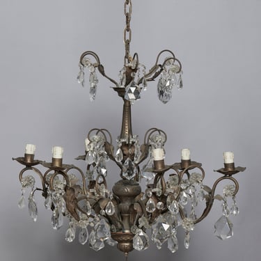 Six Arm Spanish Repoussé Crystal & Hammered Brass Chandelier