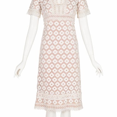Travilla 1960s White Cotton Floral Eyelet Vintage Nude Illusion Dress Sz XS 
