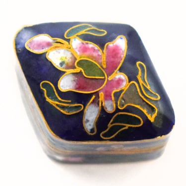 Tiny 60's floral cloisonne diamond shaped ring box, lovely blue background enamel flowers on metal hinged trinket box 