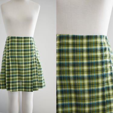 1960s Green Plaid Pleated Mini Skirt 