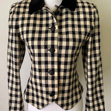 Vintage CHRISTIAN DIOR 90s Fitted Plaid Blazer - Black & Cream Couture Velvet Tweed Silk Linen Suit Jacket 