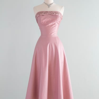 Glamorous 1950's Mauve Polished Cotton Strapless Cocktail Dress With Pockets and Pearls / Small