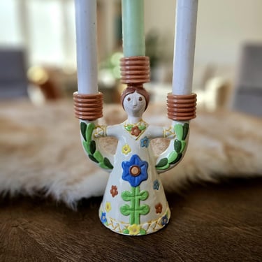 Vintage Scandinavian Ceramic Folk Art Candelabra 