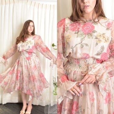 Vintage 1980s Dress / 80s Diane Freis Rose Print Floral Dress / Pink ( M L ) 