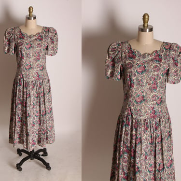 1980s Dusty Rose Pink, Green and Beige Short Puffy Sleeve Romantic Floral Bow Detail Dress 