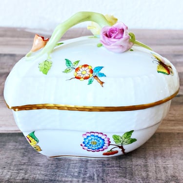 Herend porcelain box Heart shaped trinket or jewelry box Queen Victoria Hand painted floral china gift for her 
