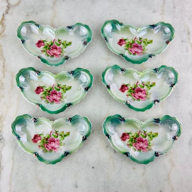 Antique 1920s Leuchtenburg Germany Bone Plates, set of 6, porcelain, floral, green, lustreware, embossed, Art Nouveau 