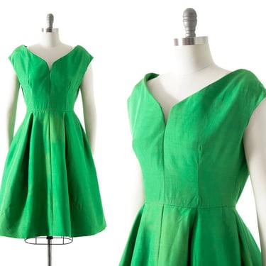 Vintage 1950s Party Dress | 50s Kelly Green Raw Silk Fit and Flare Full Skirt Evening Formal Gown (medium) 