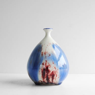 Vintage Drip Glaze Studio Pottery Vase in Blue and Red Drip Glaze 