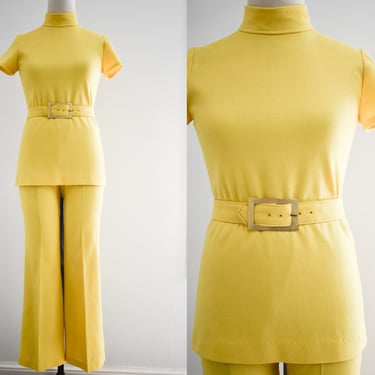 1970s Yellow Knit Tunic and Pants Set 