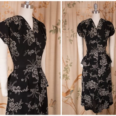 1940s Dress - Classic Black Rayon Vintage 40s Peplum Dress with White Screenprinted Bows and Floral 