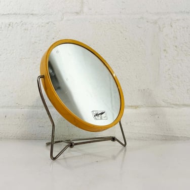 Vintage Vanity Mirror Mon Image Cosmetic Stand Yellow Plastic Freestanding Travel Magnifying Folding Tabletop 1970s 1980s 