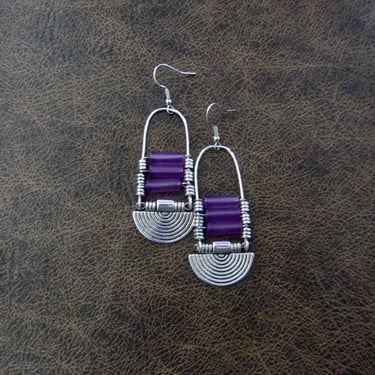 Purple sea glass earrings, chandelier earrings, statement earrings, bold earrings, etched metal earrings, tribal ethnic earrings, chic 