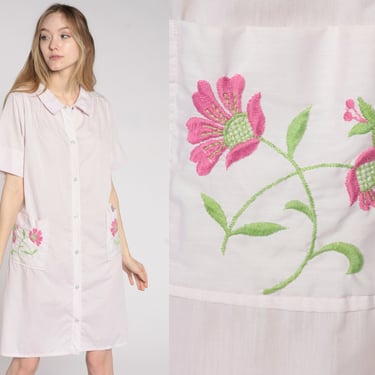 60s Lounge Dress Pink Floral Embroidered Dress House Dress Boho Hippie Smock 70s Vintage Bohemian Retro Tunic Shift Button Up Medium 