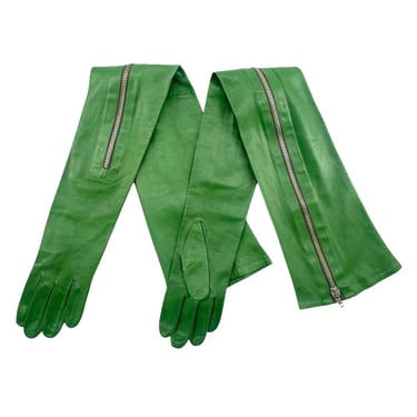 Gasper Gloves 2010s Green Leather Arm Length Gloves with Zipper