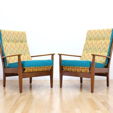 Pair of Mid Century Lounge Chairs by Cintique Furniture in Striped Chevron 